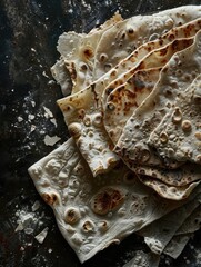 Soft lavash flatbreads beautifully arranged on a rustic dark surface