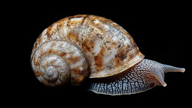 Close-up of a beautifully patterned snail shell on a black background, showcasing its intricate details