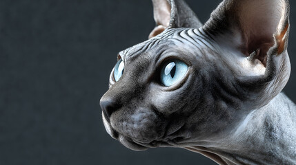 Portrait artistique d’un chat sphynx au regard perçant avec espace texte