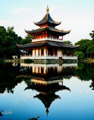 A serene scene of a traditional Chinese pagoda standing tall over a tranquil lake, its reflection mirroring the sky and surrounding greenery