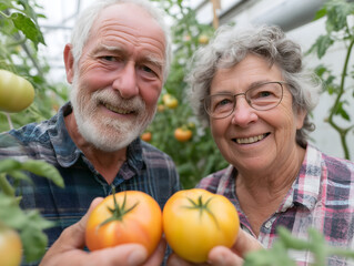 Couple senior heureux récoltant des tomates jaunes en serre