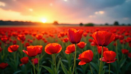 Serene poppy field at dusk, soft light illuminates petals , meadow, yellow