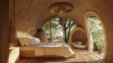Eco friendly bedroom design with a large round window overlooking lush forest tree.