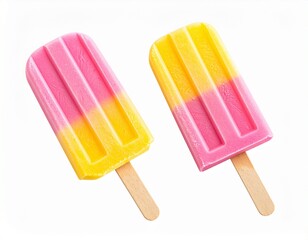 Colorful pink and yellow popsicles with wooden sticks isolated on white