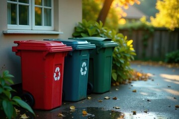 Empty, damp refuse and recycling containers near a house after a shower , black, trash