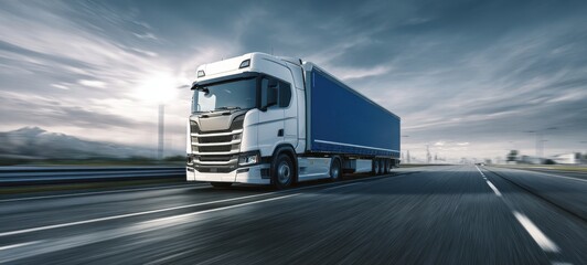 The powerful truck navigating a modern highway under a dramatic sky
