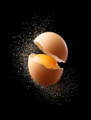 Cracked Egg Explosion: A burst of flavor and potential, captured in a still life on a dark backdrop. A perfect culinary beginning.