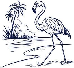 Pink flamingo birds, vector illustrations of wild animals in nature's water, or a cartoon crane silhouette on a summer lake