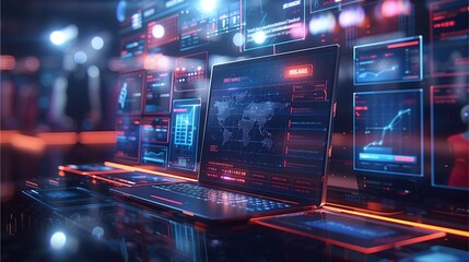 futuristic digital workspace with glowing screens displaying data and world map. laptop and tablet are visible on the desk