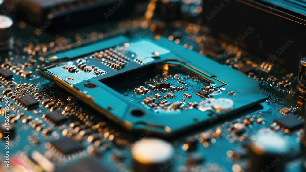 Poster a detailed view of a computer motherboard components.