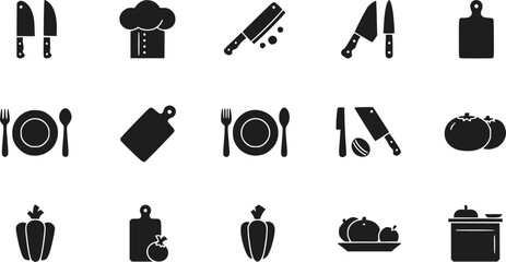 Cooking and Kitchen Icons: Knife, Cutting Board, Chef Hat, Food Silhouette Set