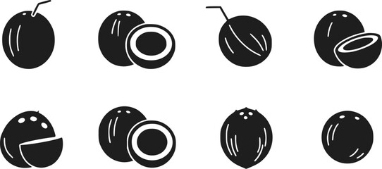 Coconut Fruit Black Silhouette Icons Set, Vector Illustration
