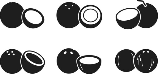 Coconut vector icons set. Whole and half coconut. Black silhouette.