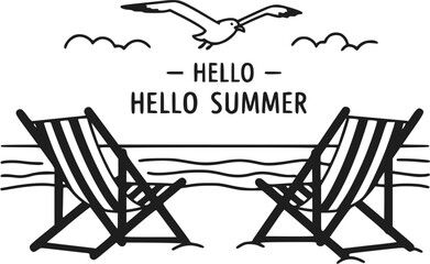Hello Summer Beach Illustration with Chairs and Seagull