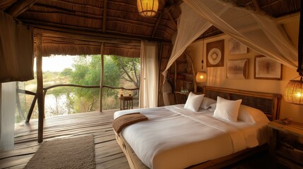 Canopy bed in a rustic safari lodge bedroom, with a thatched roof, wooden floor.