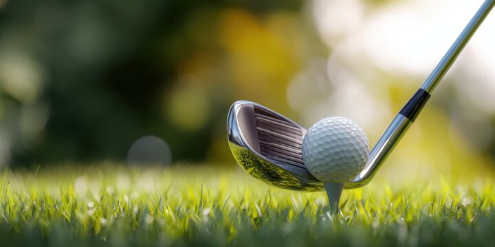 The golfer preparing to strike a ball on a sunny day in the green grass. - Powered by Adobe