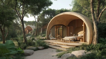 Beautiful eco resort with a modern geodesic dome glamping tent.