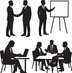 Vector silhouettes of business people sitting at tables in an office or cafe, working on laptops and having coffee