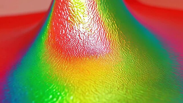 Iridescent rippled surface of a rounded conical form displaying a spectrum of colors from red to green (AI Video)