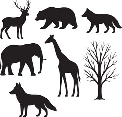 Vector collection of wild and farm animal silhouettes including deer, horse, dog, cat, elephant, cow, goat, tiger, giraffe, and pig