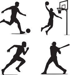 Dynamic vector silhouettes of male basketball players in action, jumping with a ball during a fun game