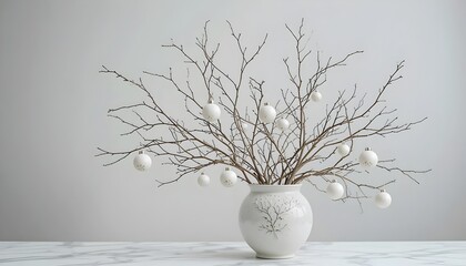 Elegant Christmas Arrangement: A sophisticated Christmas arrangement, featuring delicate bare branches adorned with white ornaments, rests gracefully within a stylish ceramic vase.