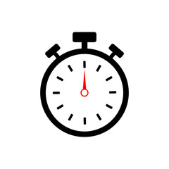 Illustration of a black and white stopwatch with a red second hand pointing to the top center 