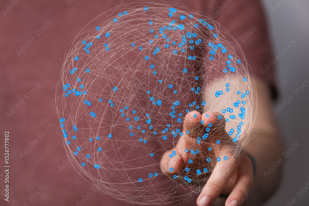 Aufkleber Abstract image of a hand interacting with a digital global network.  Perfect for technology, connection, and global concepts.