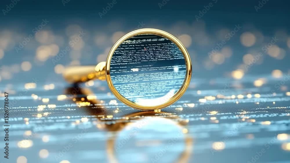Poster magnifying glass focusing on digital code with abstract background, glowing data lines, technology a