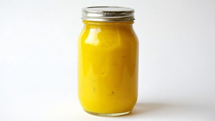 Homemade Vibrant Yellow Mustard in Glass Jar on White Background
