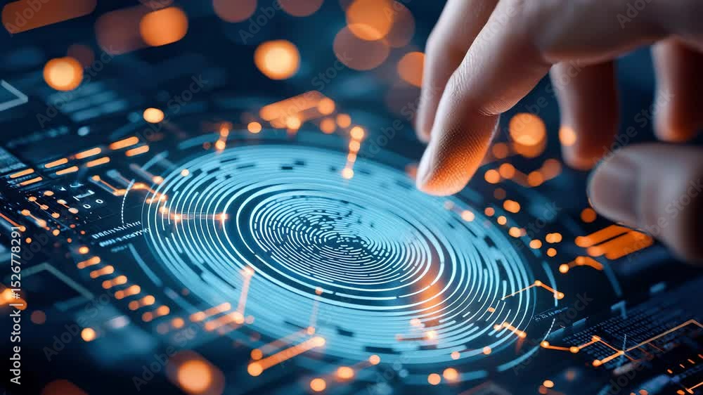 Poster futuristic fingerprint scanning technology and biometric authentication for digital security, cyber 