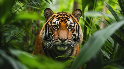 Close up portrait of a powerful tiger in a dense jungle. Wild animal in lush green foliage.