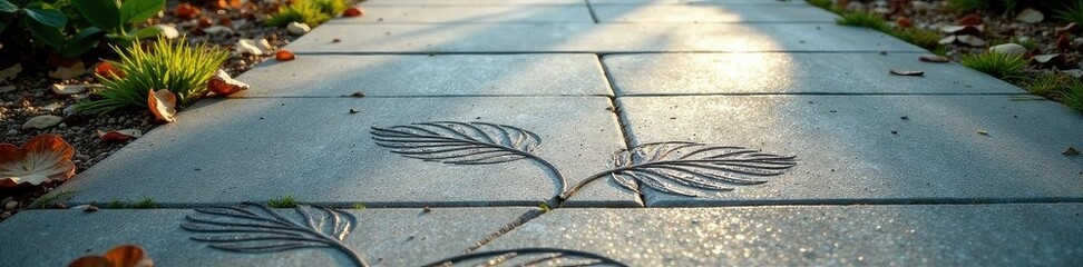 Smooth concrete path with imprinted leaf pattern, grey, seamless, modern