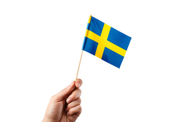 Hand holding Swedish flag on transparent background, PNG