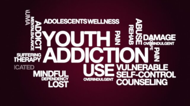 Youth addiction   Animated Tag Word Cloud kinetic typography concept, Text Design Animation typography seamless loop video motion graphics Intro 4k, animated Word Art Looping Text effects