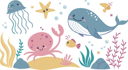 Cute marina life set with fish, whales, seaweed, marina elements for your design, childish hand drawn sea elements. playful and colorful vector illustration of cute underwater sea animals in a cartoon