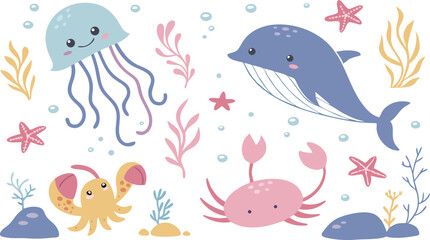 Cute marina life set with fish, whales, seaweed, marina elements for your design, childish hand drawn sea elements. playful and colorful vector illustration of cute underwater sea animals in a cartoon
