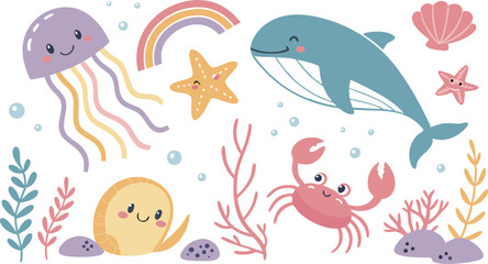 Cute marina life set with fish, whales, seaweed, marina elements for your design, childish hand drawn sea elements. playful and colorful vector illustration of cute underwater sea animals in a cartoon