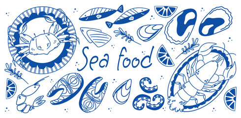 Seafood sketch. Mediterranean cuisine. Fish, octopus, salmon, crab.