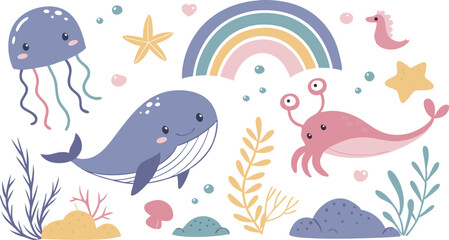Cute marina life set with fish, whales, seaweed, marina elements for your design, childish hand drawn sea elements. playful and colorful vector illustration of cute underwater sea animals in a cartoon