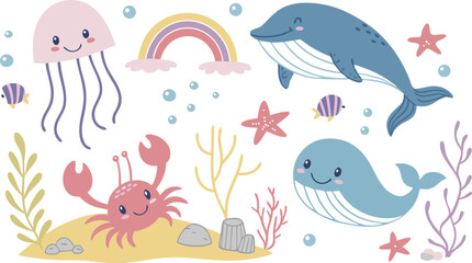 Cute marina life set with fish, whales, seaweed, marina elements for your design, childish hand drawn sea elements. playful and colorful vector illustration of cute underwater sea animals in a cartoon