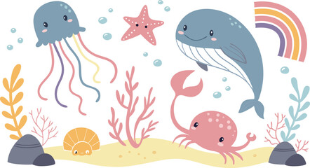 Cute marina life set with fish, whales, seaweed, marina elements for your design, childish hand drawn sea elements. playful and colorful vector illustration of cute underwater sea animals in a cartoon