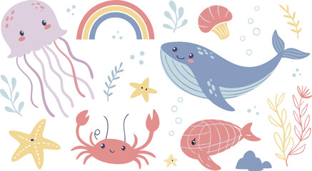 Cute marina life set with fish, whales, seaweed, marina elements for your design, childish hand drawn sea elements. playful and colorful vector illustration of cute underwater sea animals in a cartoon