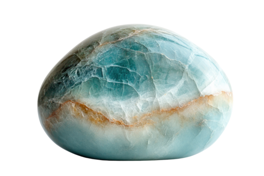 A polished, teal and brown tumbled stone, smooth and oval-shaped, showing intricate natural veining. background removed