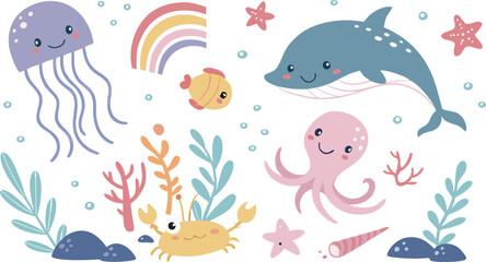 Cute marina life set with fish, whales, seaweed, marina elements for your design, childish hand drawn sea elements. playful and colorful vector illustration of cute underwater sea animals in a cartoon