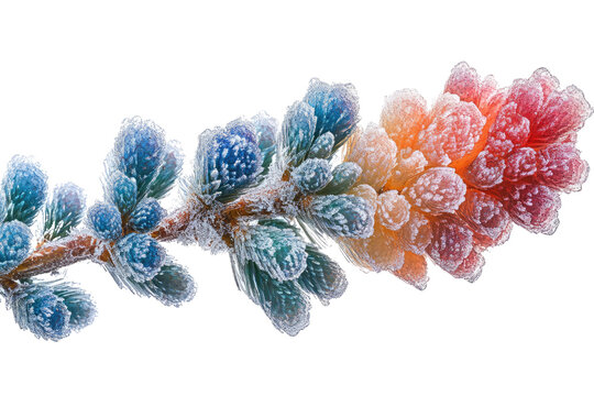 Frost-covered pine branch with vibrant blue, orange, and red hues. background removed