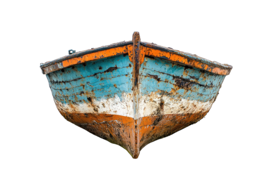 An old, weathered wooden boat with peeling paint, showcasing its age and history. background removed
