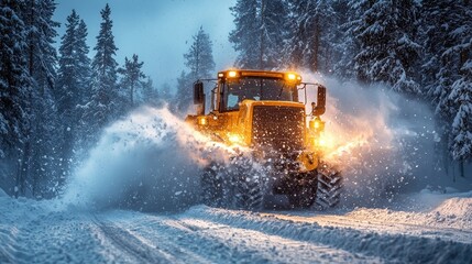 Snowplow tractor clearing snowy forest road