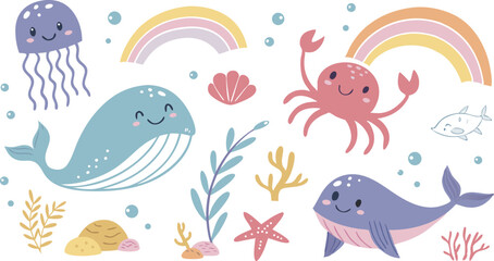 Cute marina life set with fish, whales, seaweed, marina elements for your design, childish hand drawn sea elements. playful and colorful vector illustration of cute underwater sea animals in a cartoon