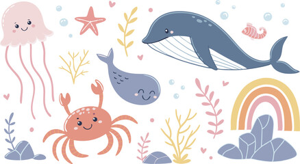 Cute marina life set with fish, whales, seaweed, marina elements for your design, childish hand drawn sea elements. playful and colorful vector illustration of cute underwater sea animals in a cartoon